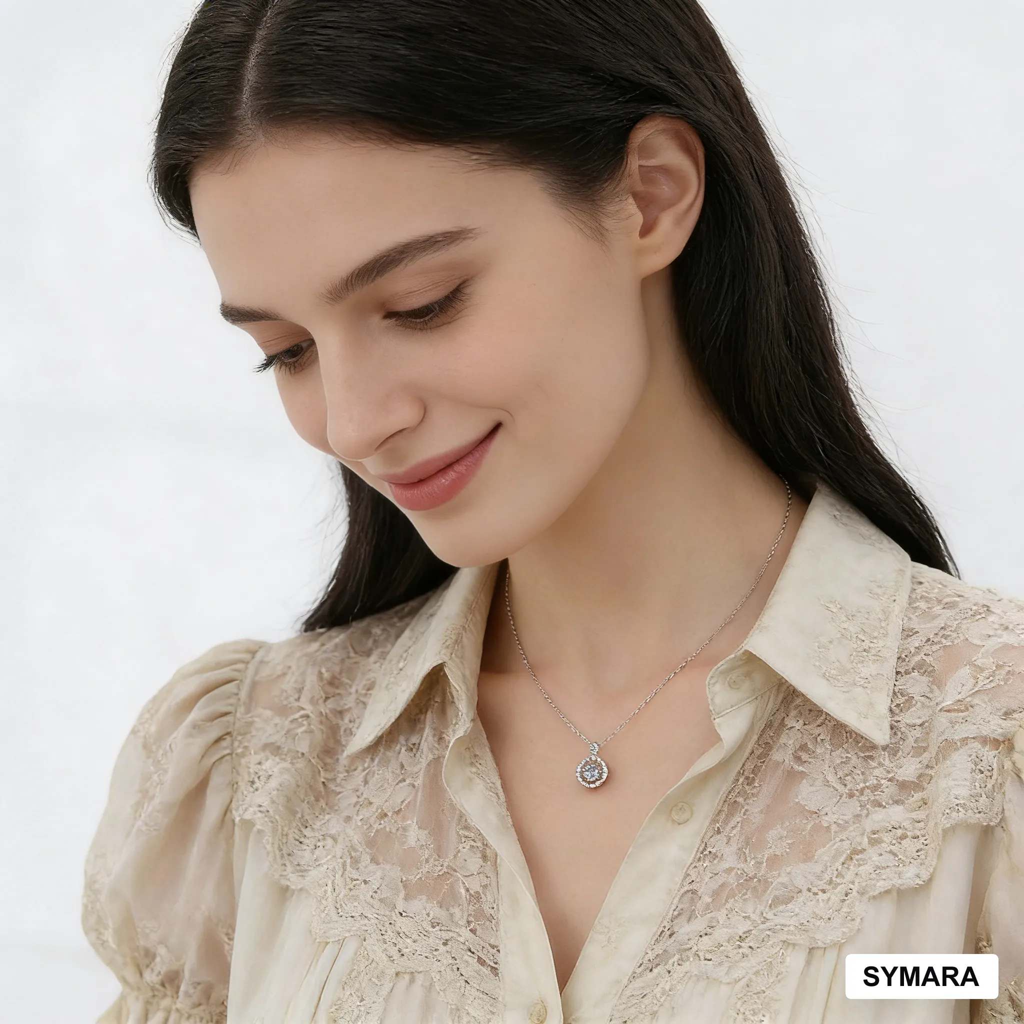 Smiling woman wearing dancing moissanite necklace with casual everyday outfit