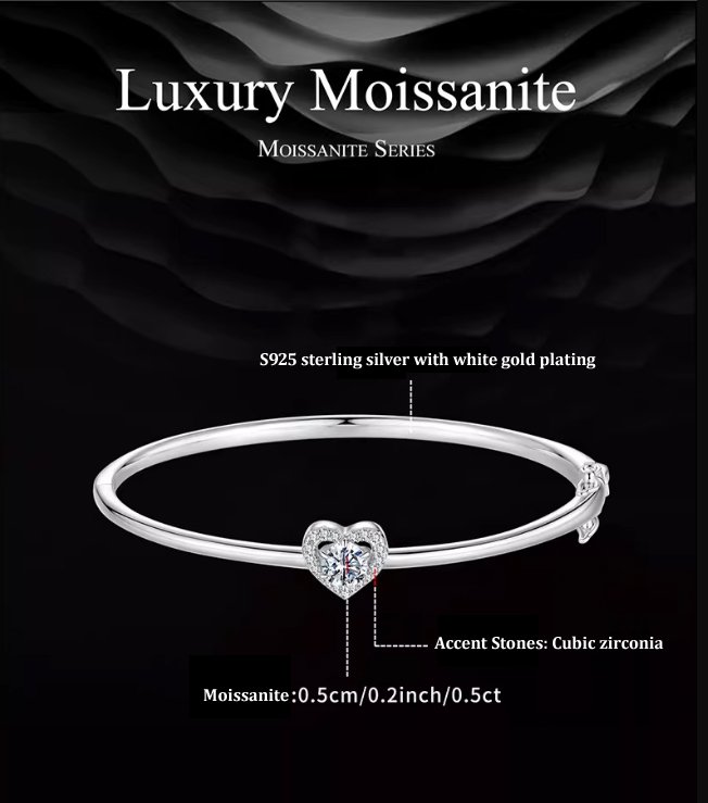 0.5ct D color moissanite heart bangle in S925 sterling silver