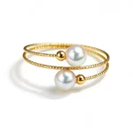 18K gold akoya seawater small pearl ring, open elastic adjustable band, 4-5mm round pearls