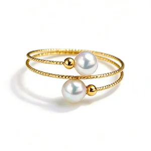 18K gold akoya seawater small pearl ring, open elastic adjustable band, 4-5mm round pearls