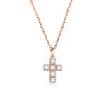 18k rose gold cross necklace with sparkling lab grown diamonds on white background