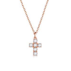 18k rose gold cross necklace with sparkling lab grown diamonds on white background