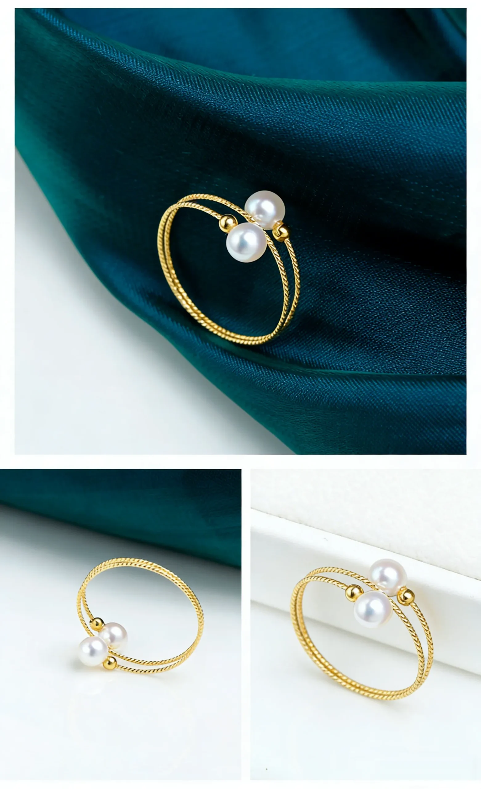 Close-up of 18K gold textured wire craftsmanship on akoya seawater pearl ring