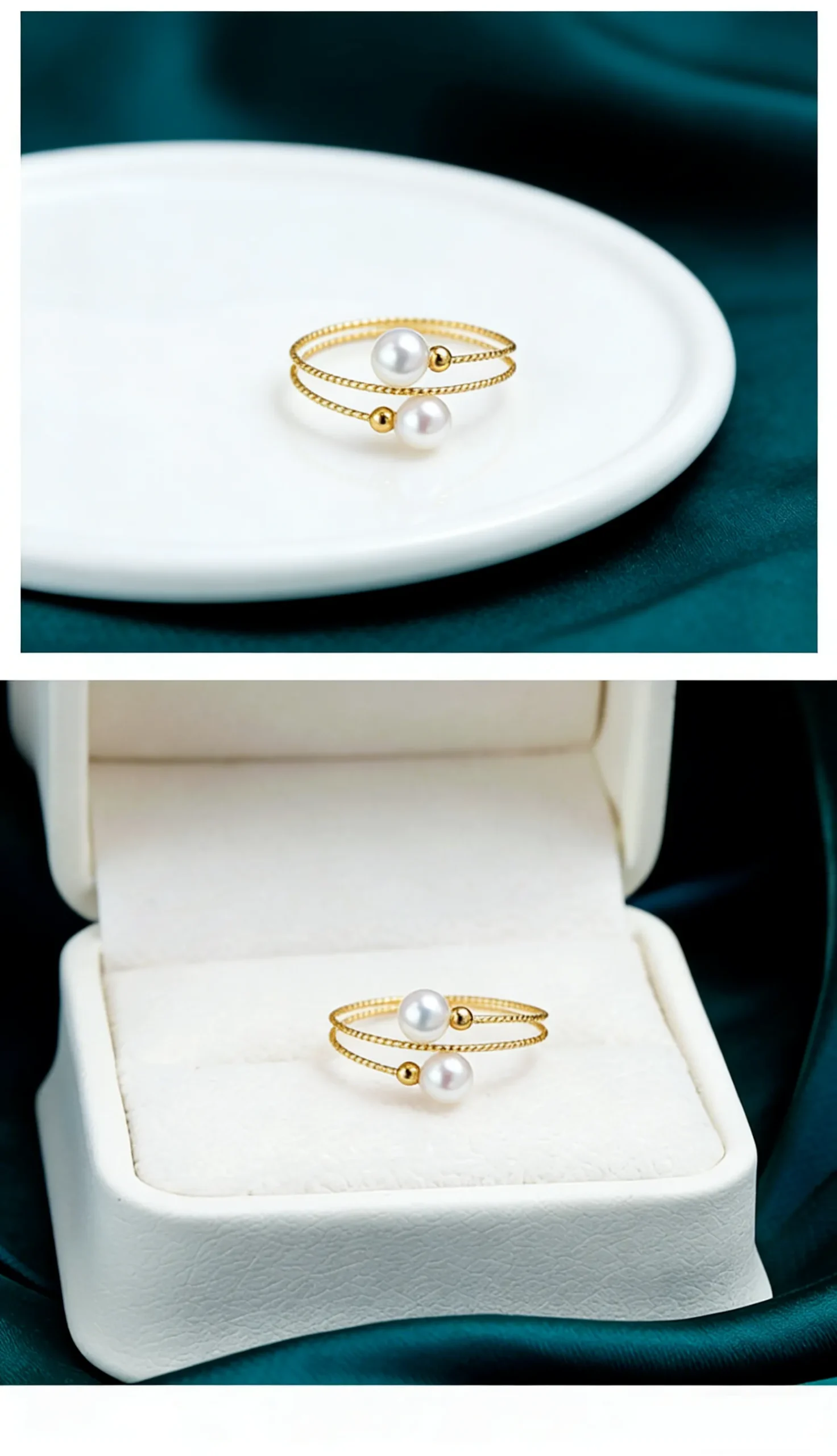 Close-up of 18K gold textured wire craftsmanship on akoya seawater pearl ring