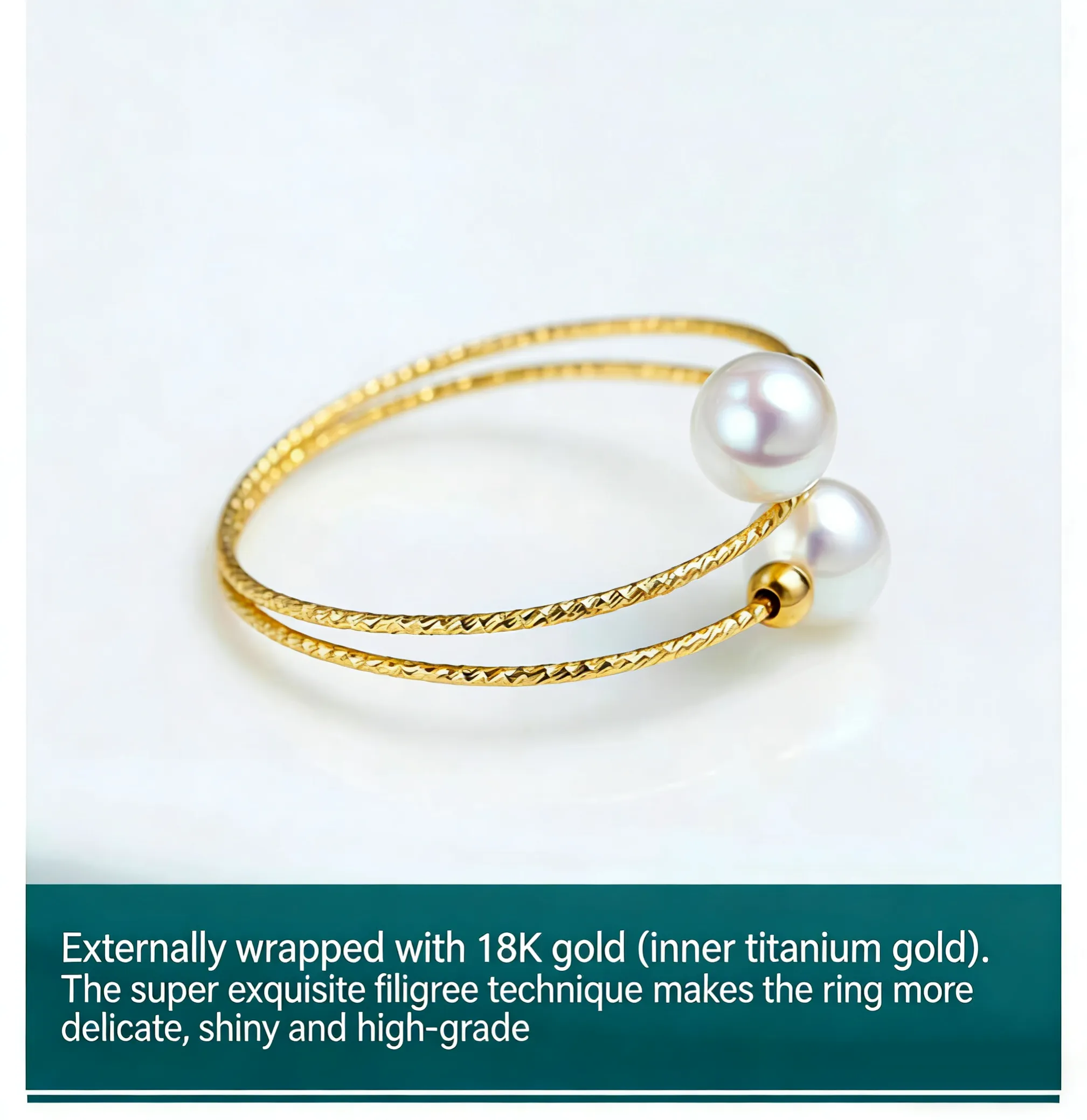 Close-up of 18K gold textured wire craftsmanship on akoya seawater pearl ring