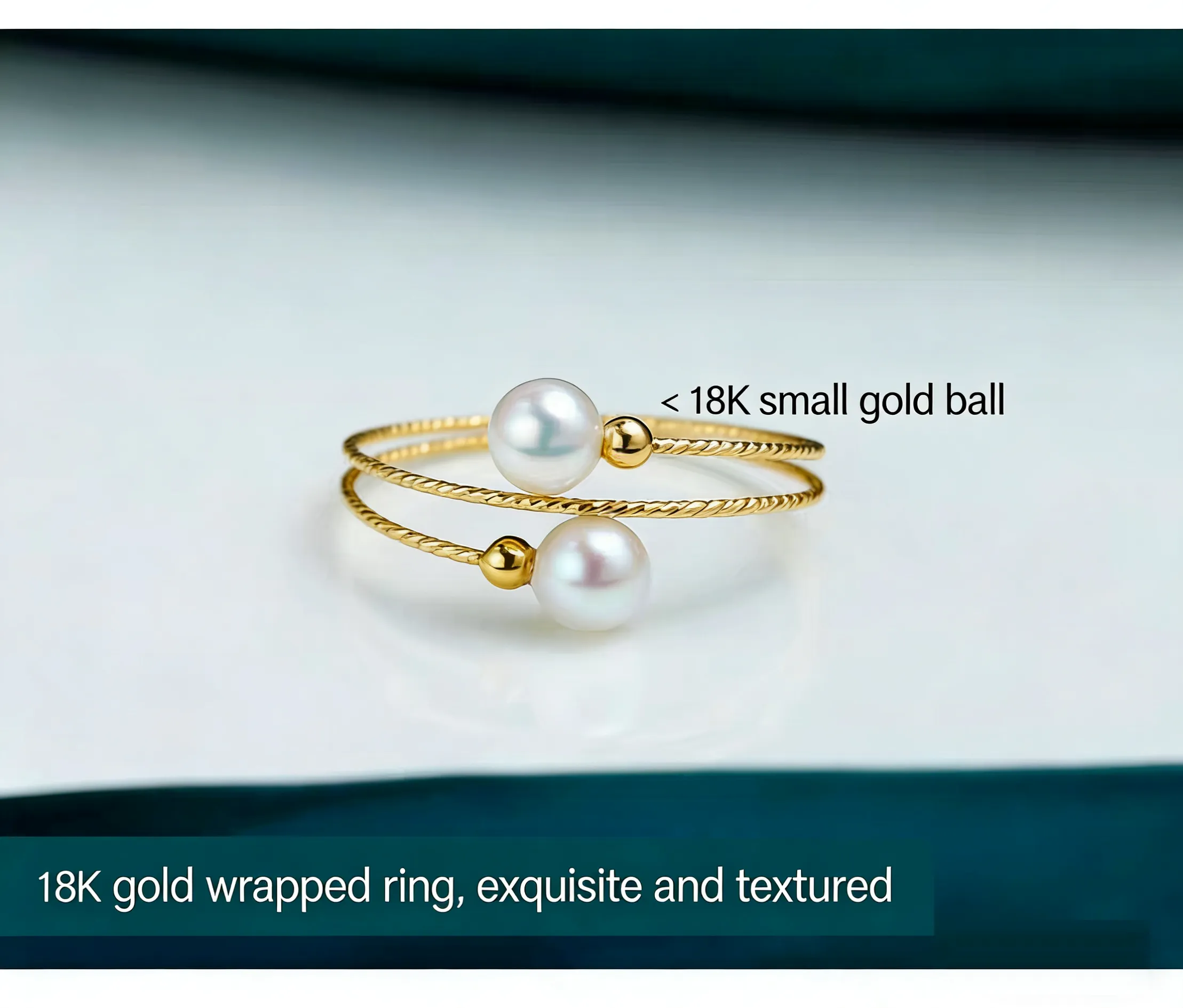 Close-up of 18K gold textured wire craftsmanship on akoya seawater pearl ring