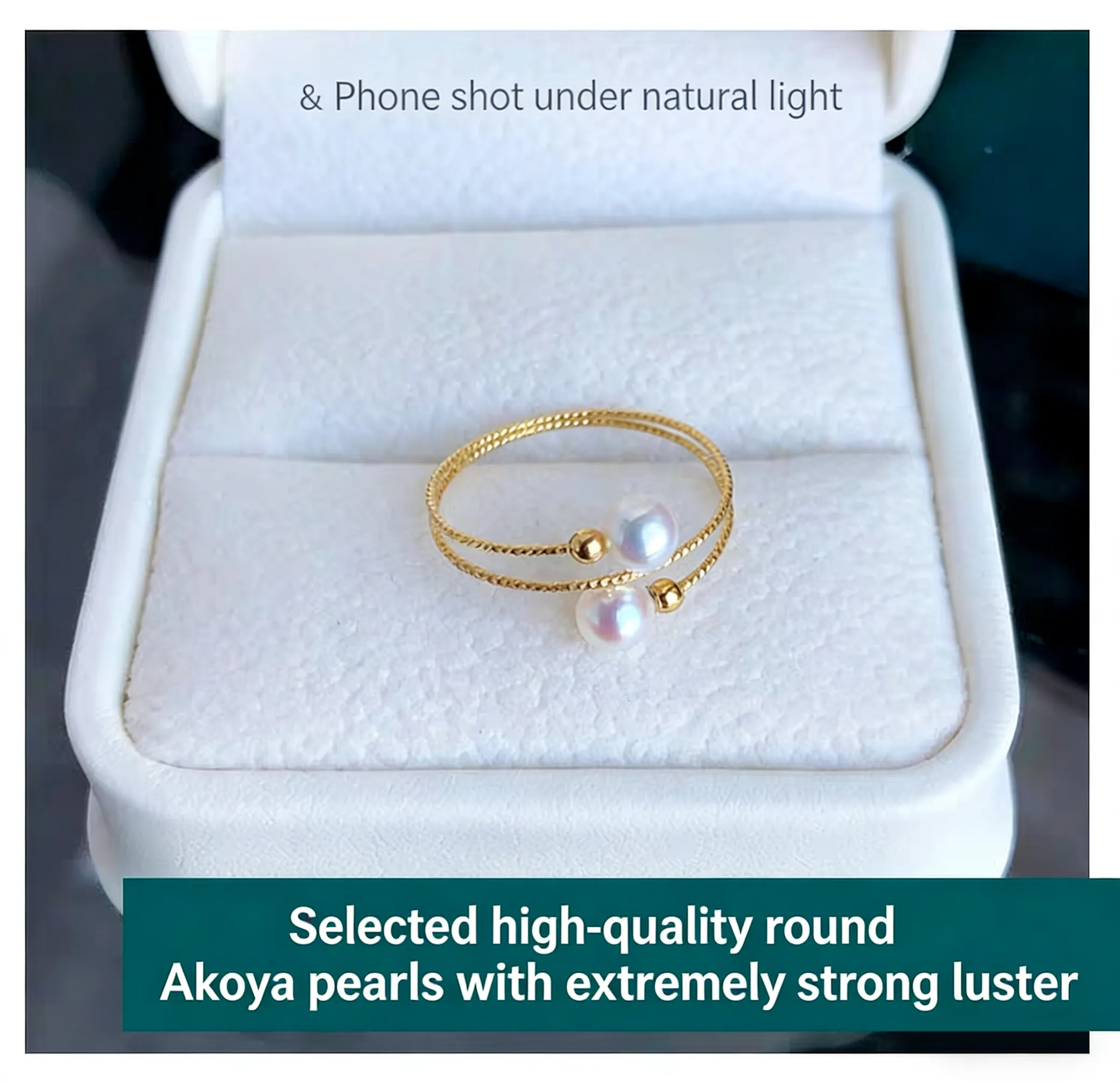 Close-up of 18K gold textured wire craftsmanship on akoya seawater pearl ring