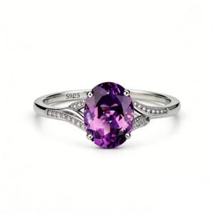 Classic Solitaire Oval Amethyst Criss Cross Ring in 925 Sterling Silver