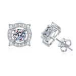 Crown Four-Prong Moissanite Stud Earrings - 1ct 5mm, 925 Sterling Silver Platinum-Plated