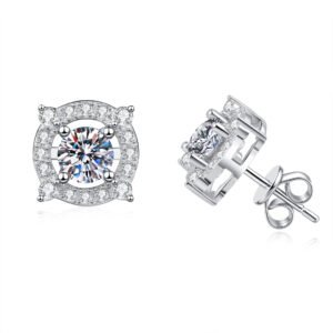 Crown Four-Prong Moissanite Stud Earrings - 1ct 5mm, 925 Sterling Silver Platinum-Plated