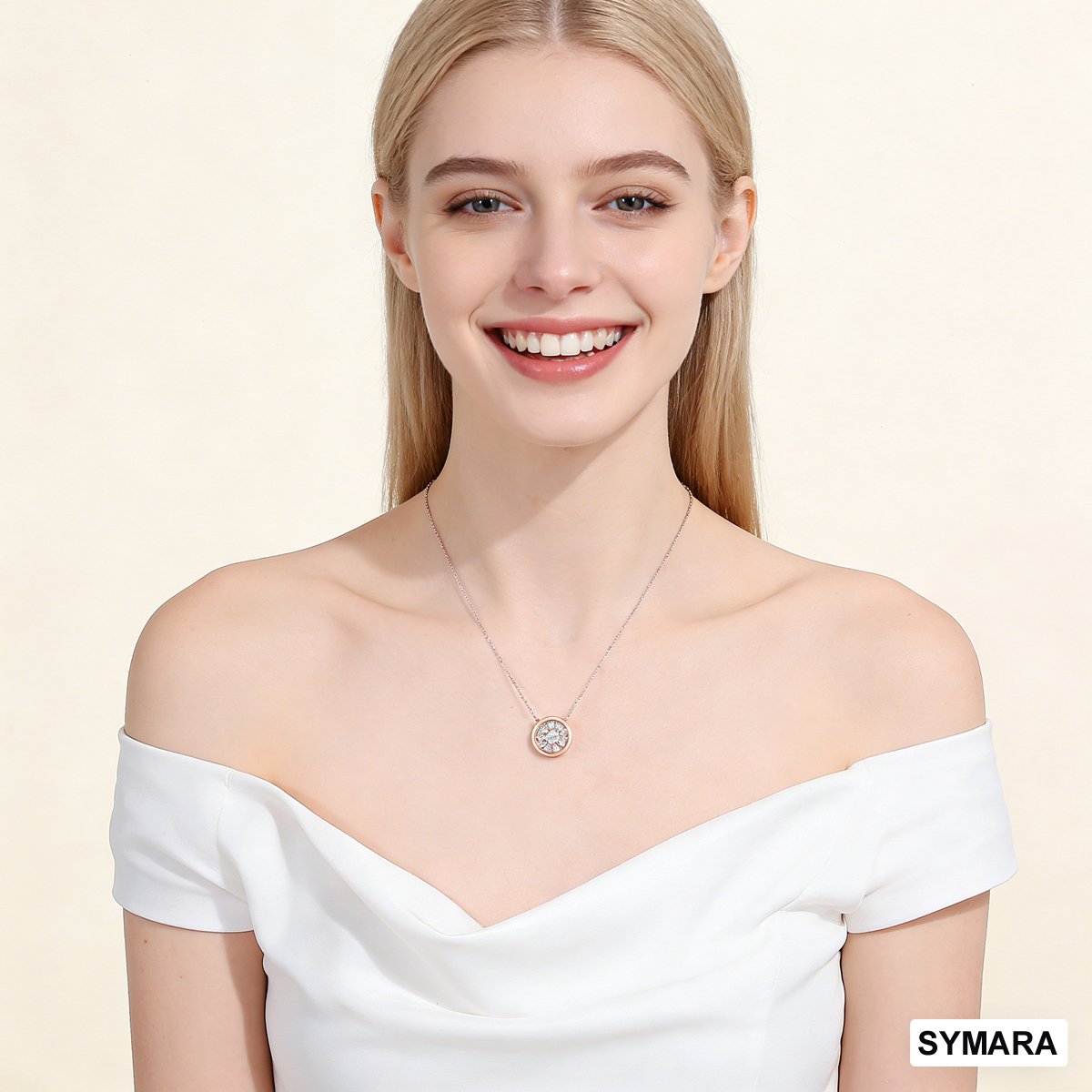 model wearing 18k rose gold nine diamond disc pendant as choker
