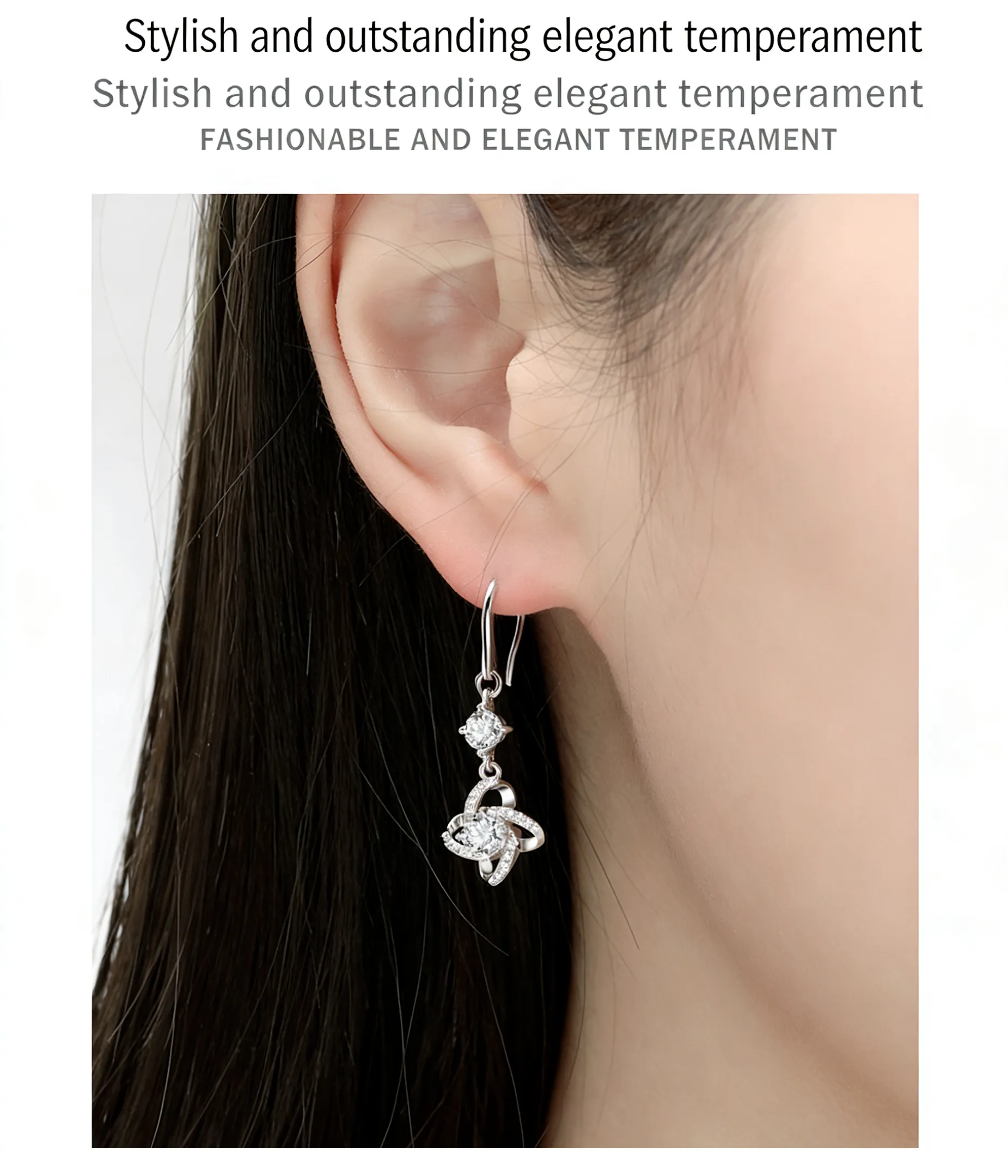 Sky blue topaz drop earrings on model creating slim elegant face-framing effect