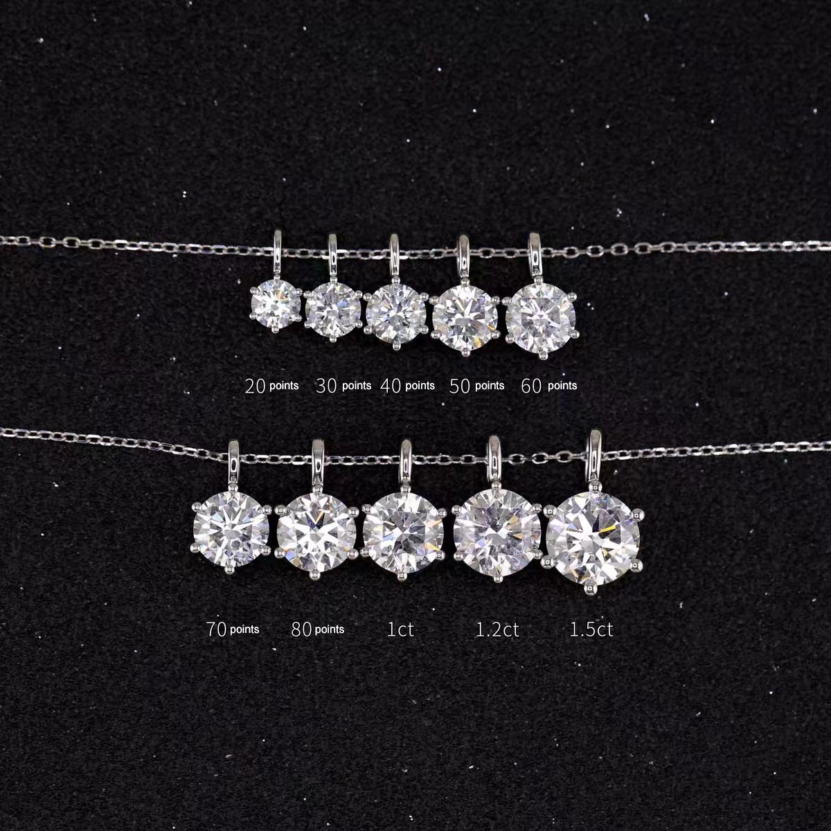 Lab grown diamond size comparison showing 0.5ct to 1ct options in Symara solitaire necklace, demonstrating carat weight differences on same chain.