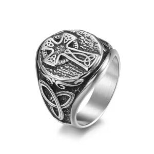 Men's Vintage Celtic Cross Ring, stainless steel/titanium steel with Celtic knotwork and antiqued finish