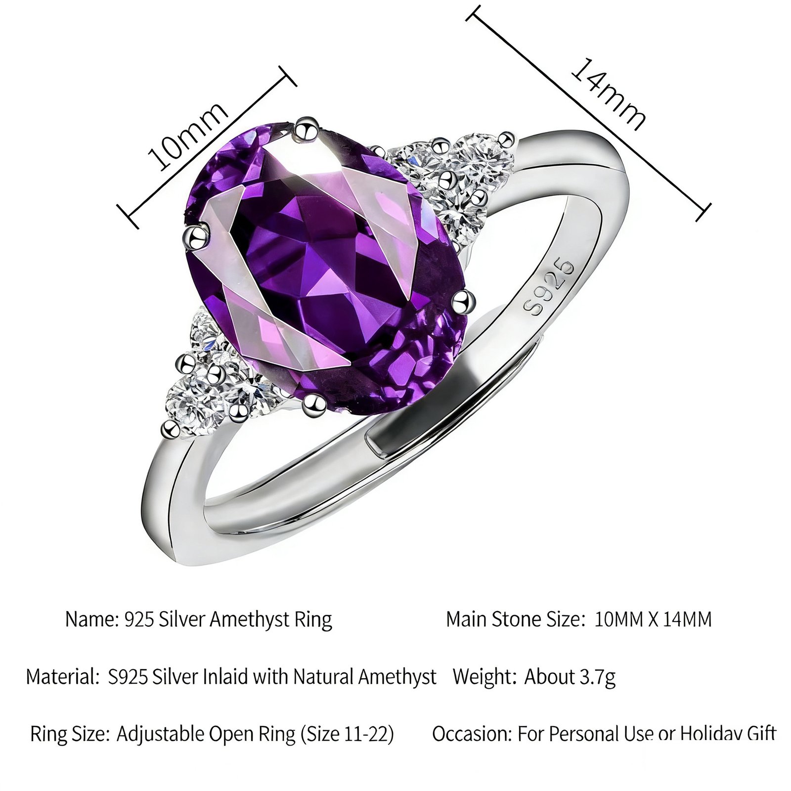 Adjustable Oval Amethyst Engagement Ring for Women