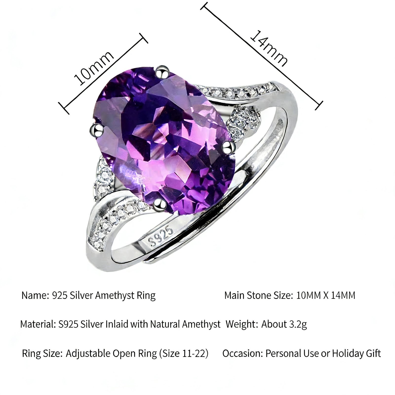 Adjustable Oval Amethyst Engagement Ring for Women