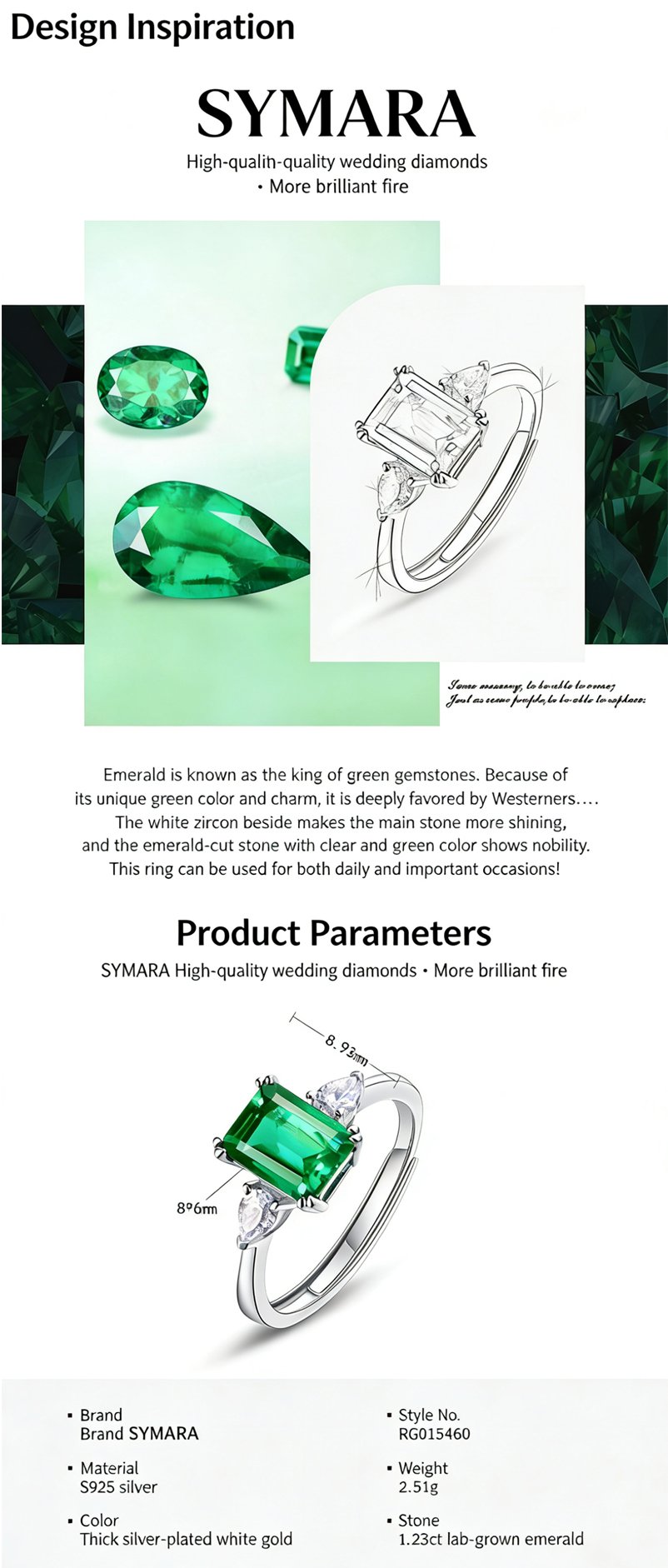 SYMARA’s white gold plated S925 silver princess cut lab grown emerald ring for women