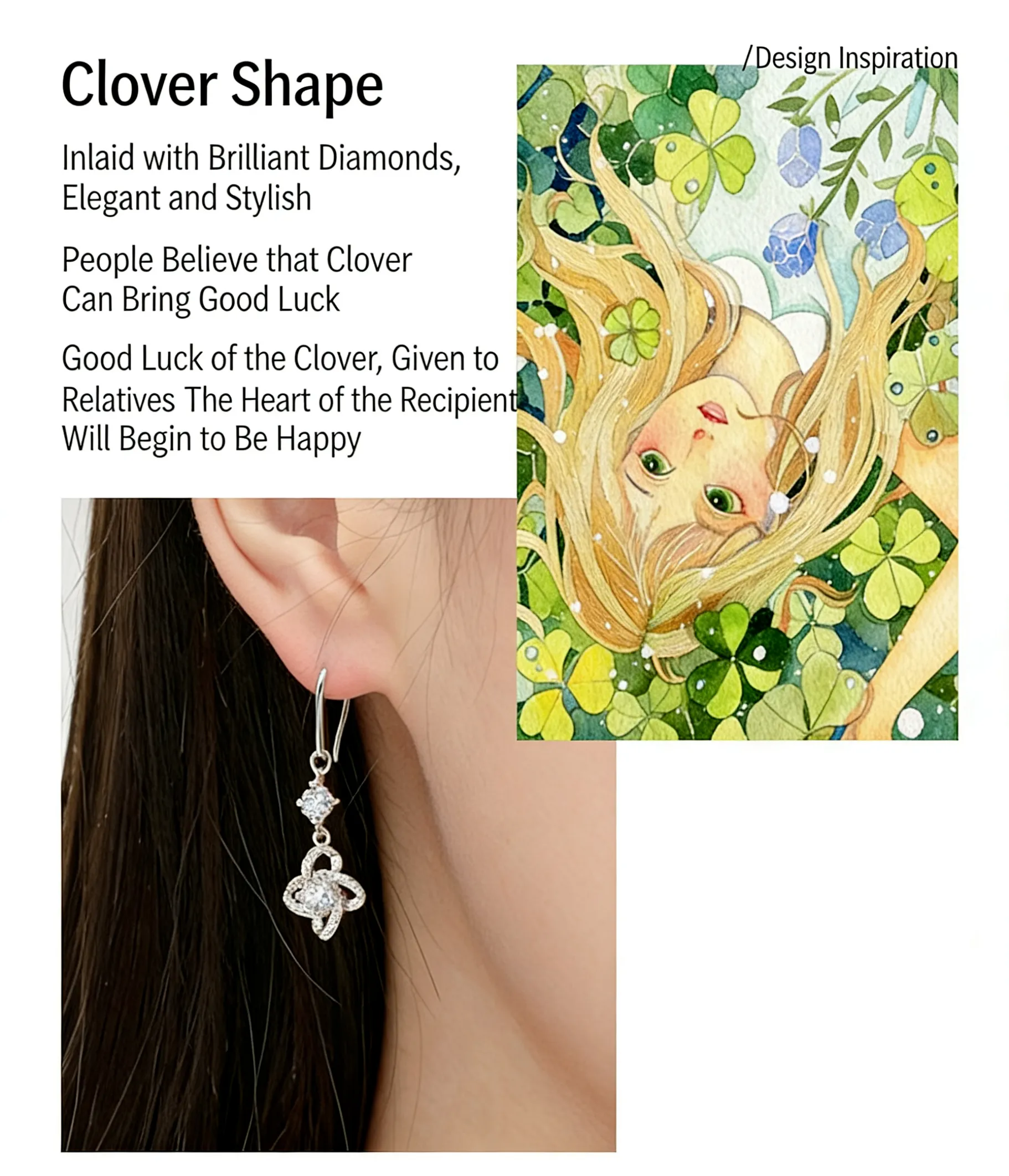 Close-up of diamond-like sparkle on white cubic zirconia clover earrings silver setting