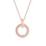 Close up of Symara 18k rose gold cultured diamond circle pendant necklace featuring an open circle design encrusted with brilliant lab grown diamonds on a dainty chain.