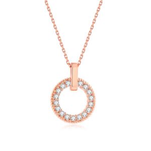 Close up of Symara 18k rose gold cultured diamond circle pendant necklace featuring an open circle design encrusted with brilliant lab grown diamonds on a dainty chain.