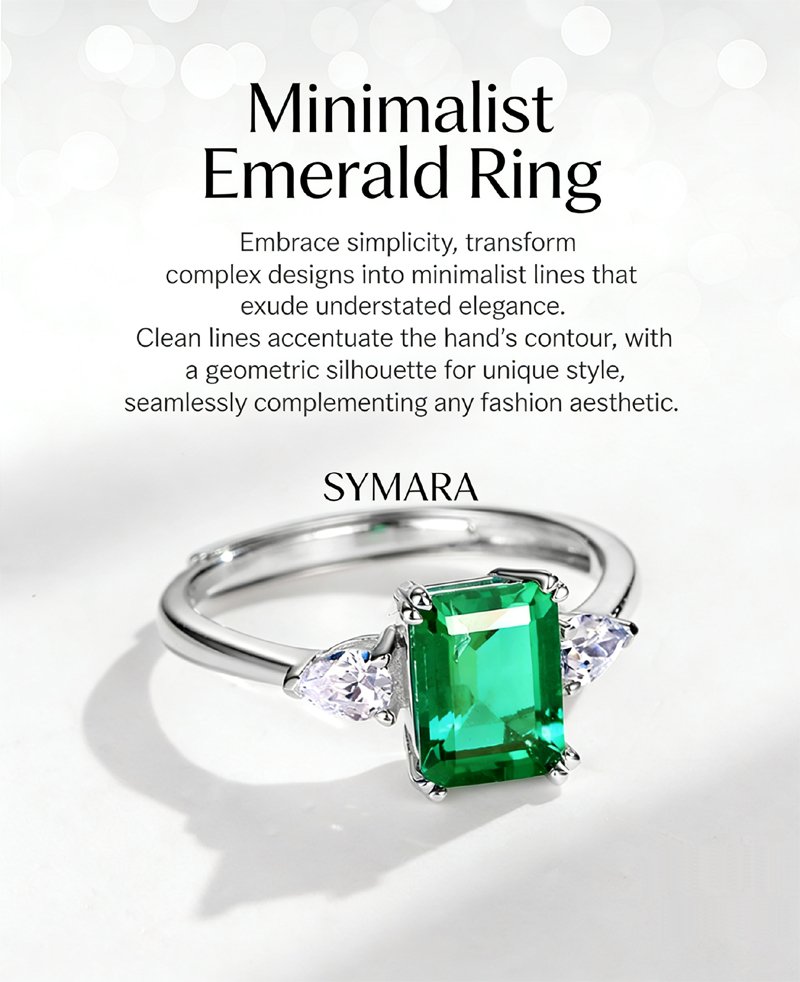 SYMARA’s white gold plated S925 silver princess cut lab grown emerald ring for women with cubic zirconia side stones.