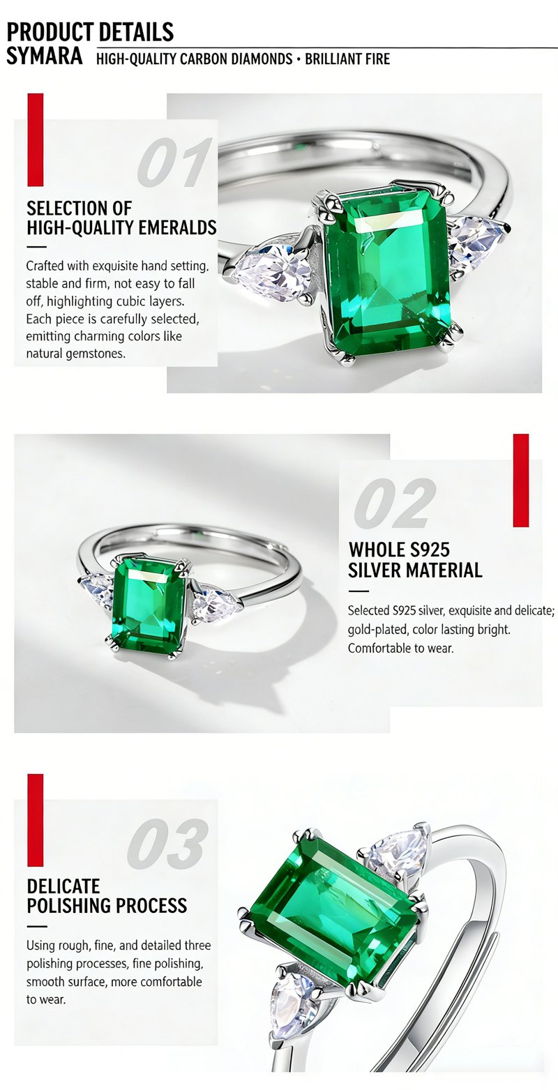 SYMARA’s white gold plated S925 silver princess cut lab grown emerald ring for women with cubic zirconia side stones.
