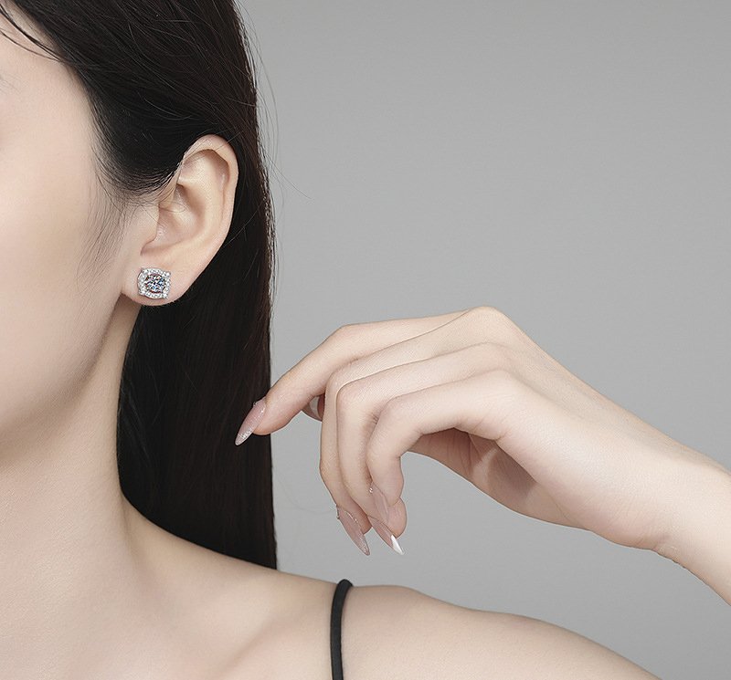 Crown Four-Prong Moissanite Stud Earrings - 1ct 5mm, 925 Sterling Silver Platinum-Plated