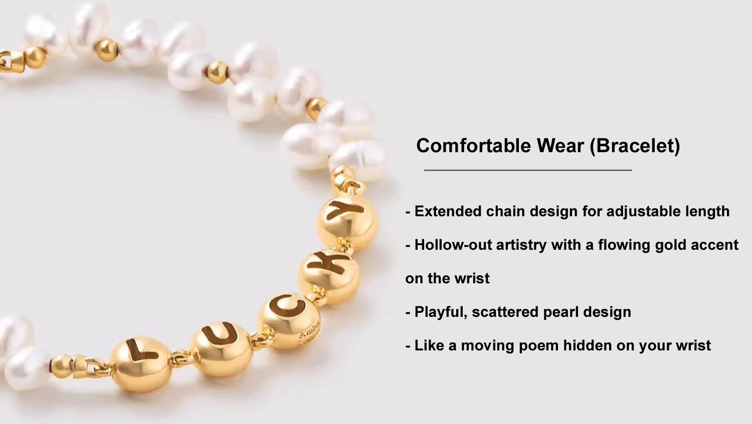 Heart charm engraved Lucky on pearl bracelet