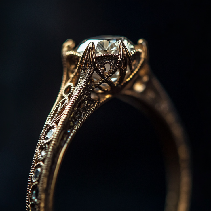 Detail of a closed-back setting on an antique ring, showing hand-crafted metalwork.