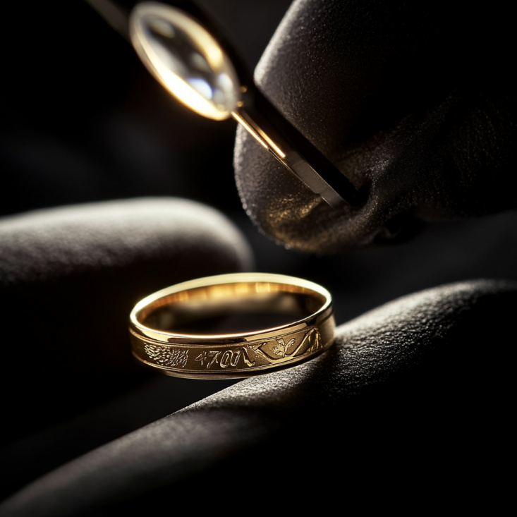 Close-up of authentic 18K and French eagle head hallmarks inside a vintage ring, examined with a jeweler’s loupe.