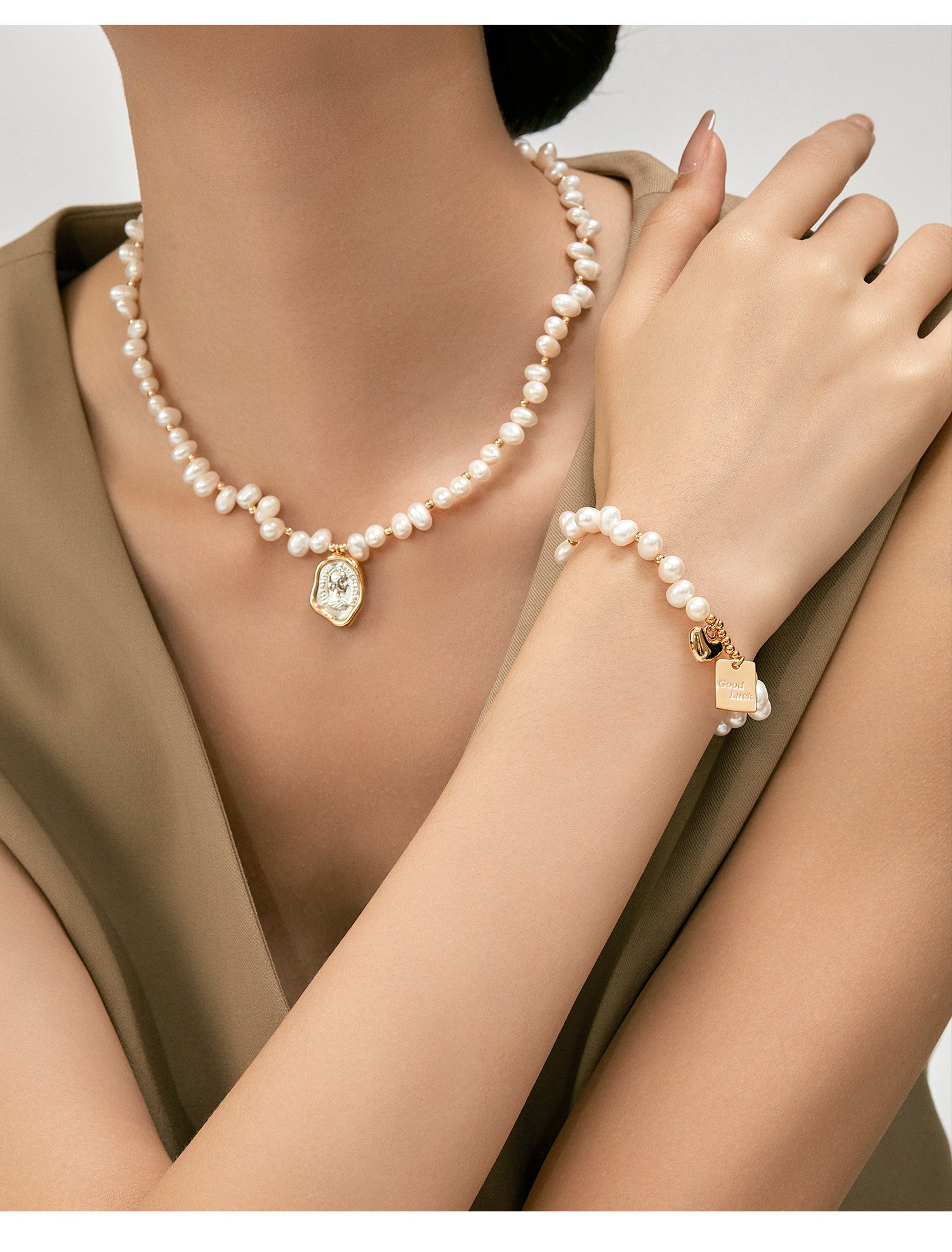 Stacking pearl bracelet with matching Lucky earrings and necklace