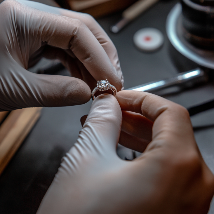 SYMARA designer helping a client try on a wedding band to match her engagement ring