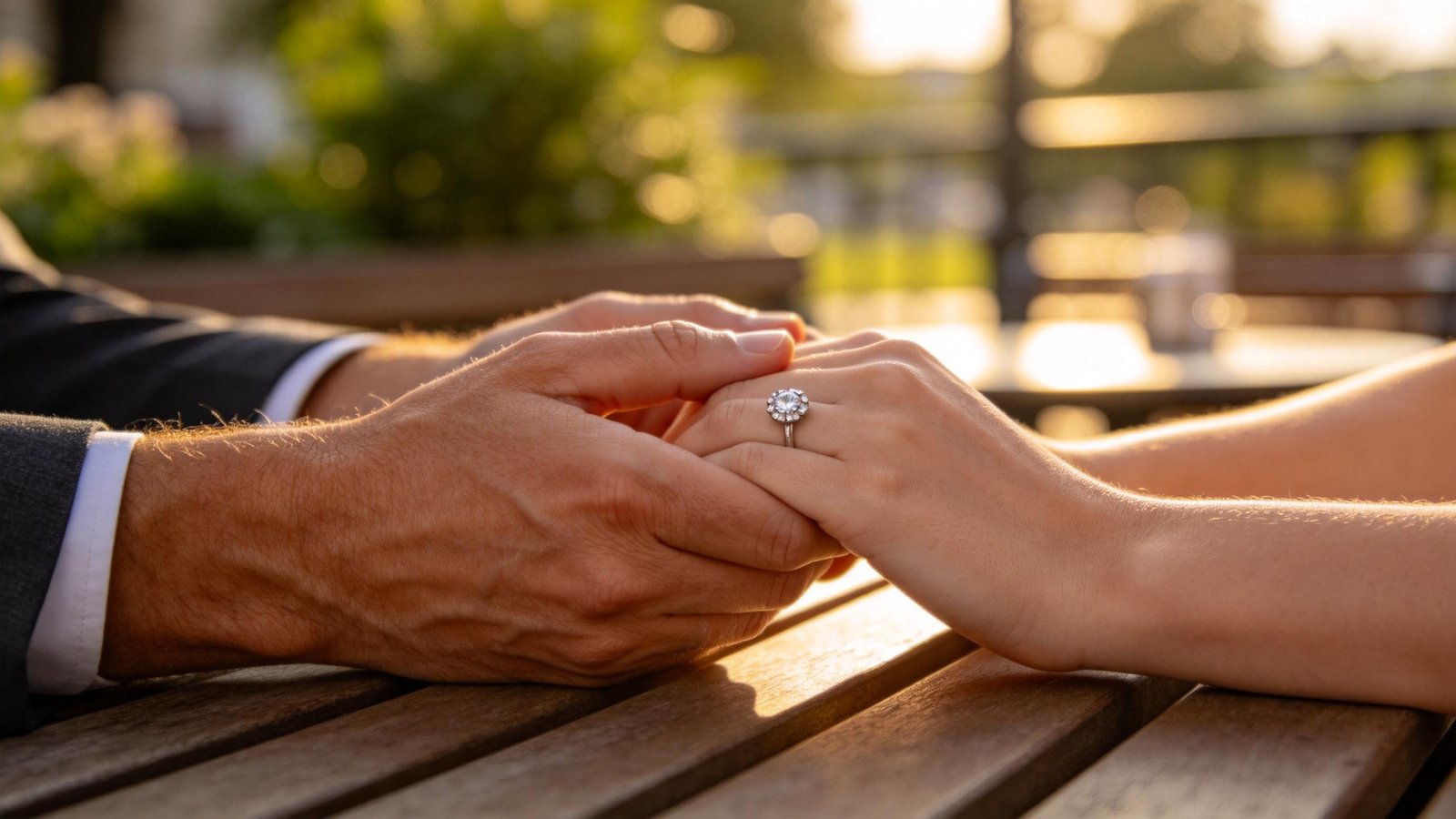 Couple's hands with engagement ring on woman's finger in natural light