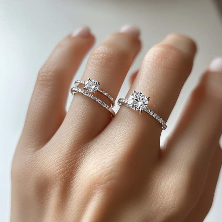 Example of a creative wedding ring stack with mixed metals and widths on a woman’s finger