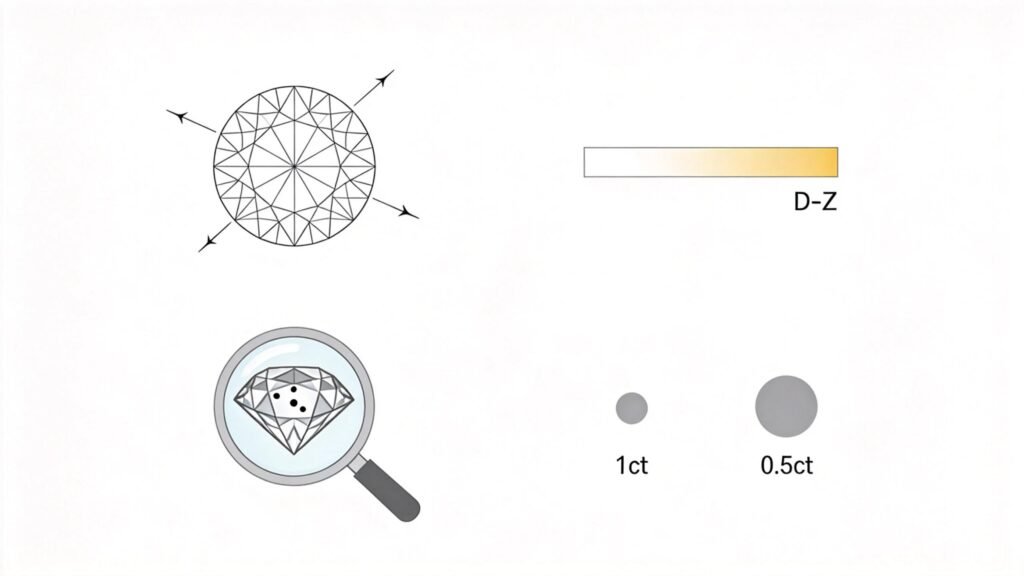 Diamond 4C icons: cut, color, clarity, carat explained
