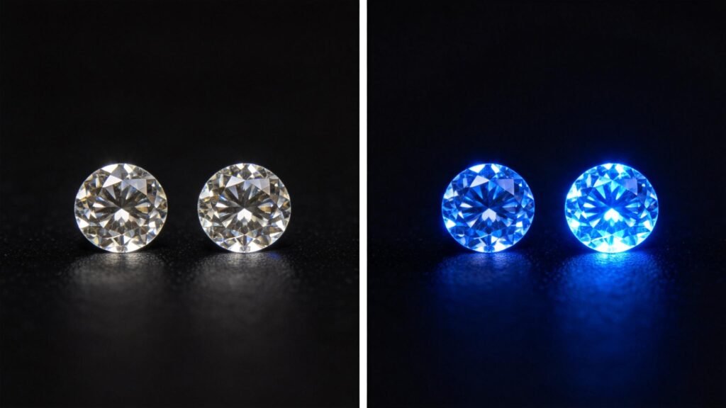 Diamond fluorescence comparison: none vs strong blue under UV light