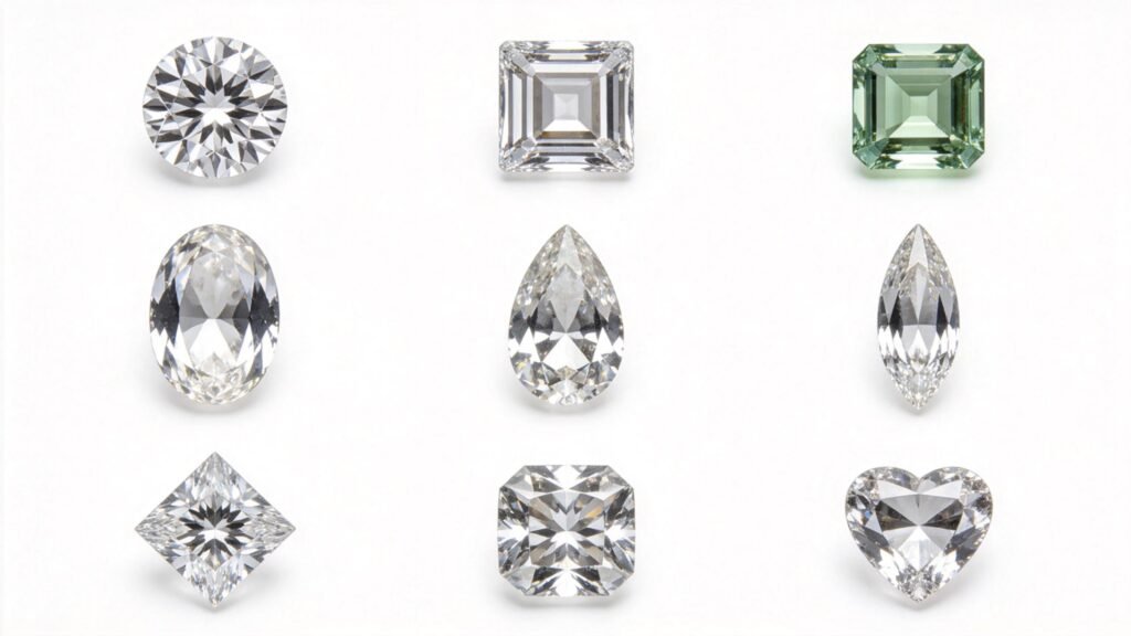 Collection of popular diamond shapes: round, princess, emerald, oval, pear, marquise, cushion, asscher, heart