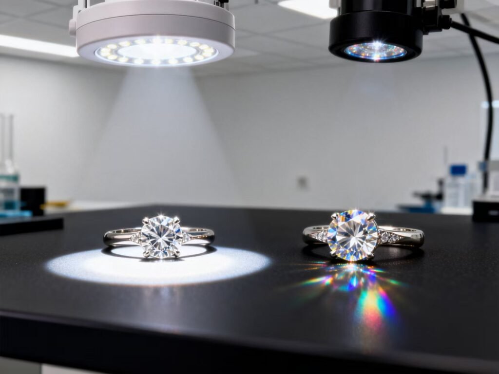 A comparison of the light reflection: diamond's white sparkle versus moissanite's rainbow fire.