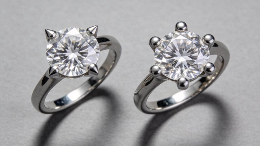 Close-up comparison of four-prong vs six-prong diamond settings