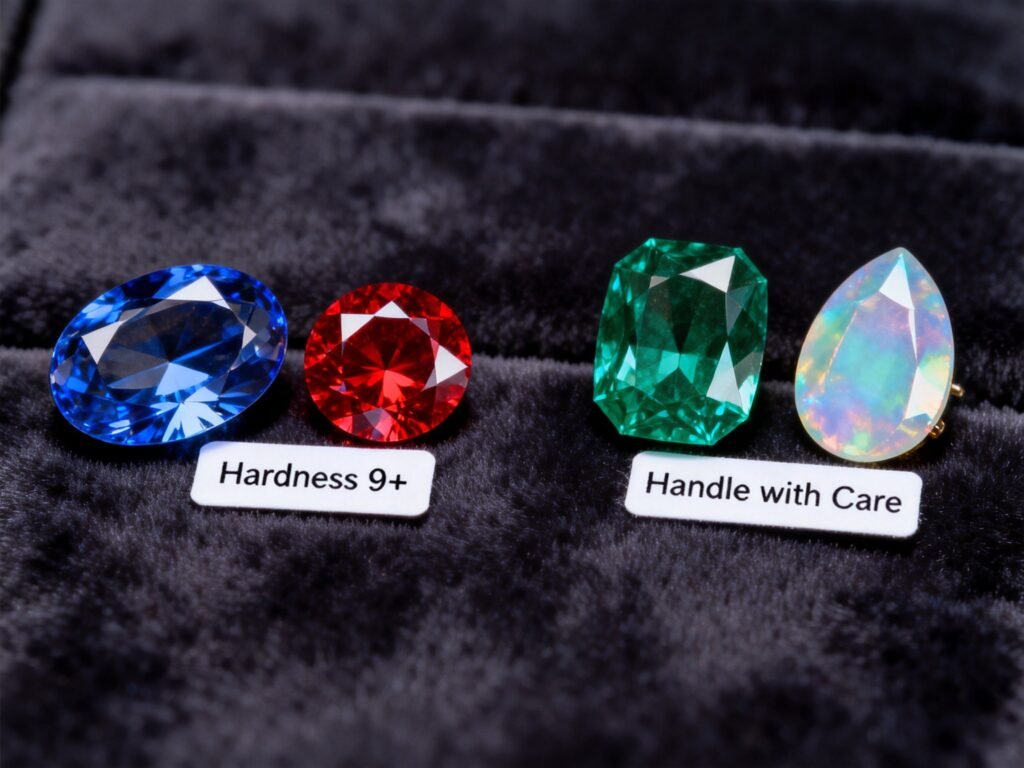 A collection of durable sapphires and rubies compared to more delicate emeralds and opals.