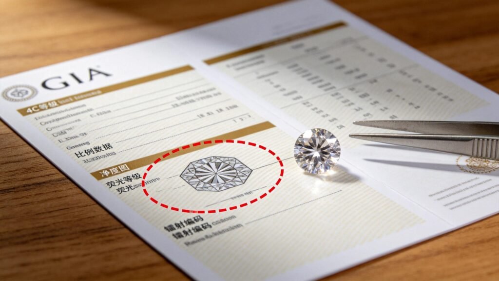 GIA diamond certificate with key sections highlighted