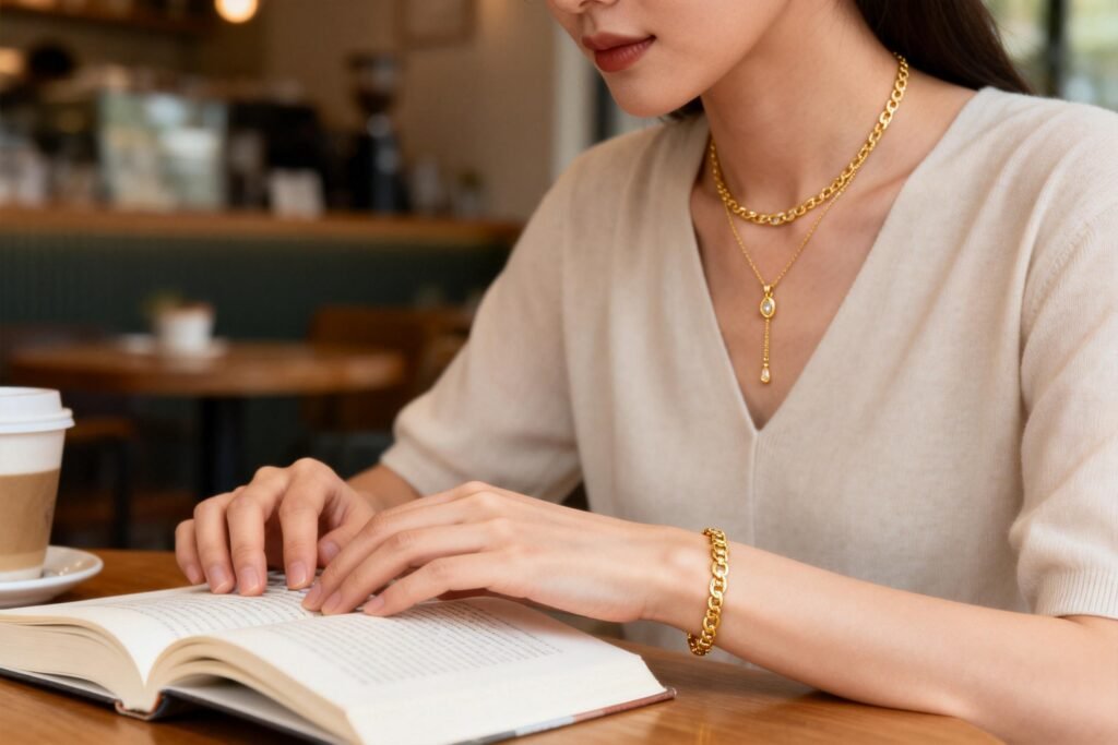 Lifestyle close-up of delicate 14K gold fill necklace and bracelet being worn during everyday activities.