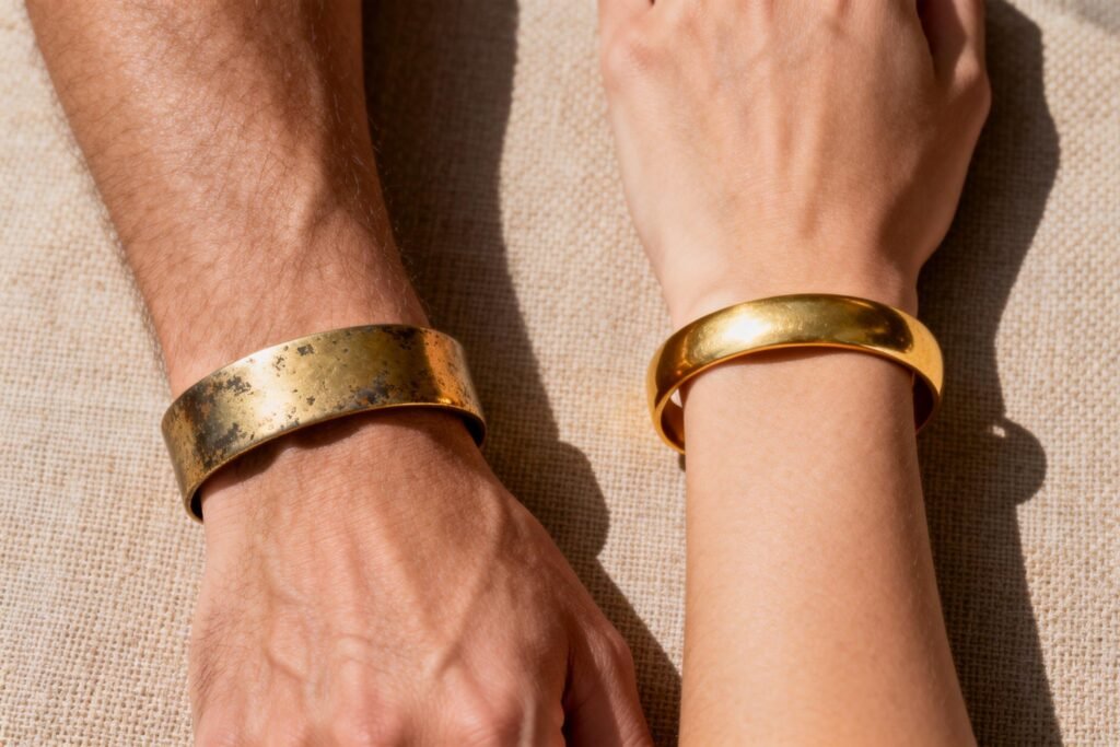 Side-by-side comparison: a worn, flaking gold-plated bracelet vs. a 14K gold fill bracelet with a soft, lived-in patina after years of wear.