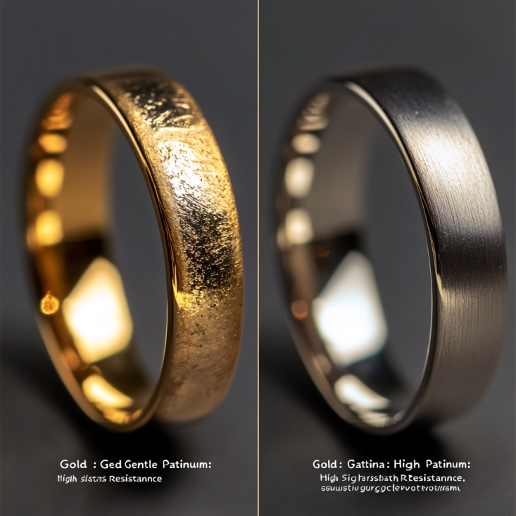 Close-up comparison of wear patterns on the inside of a gold vs platinum wedding band