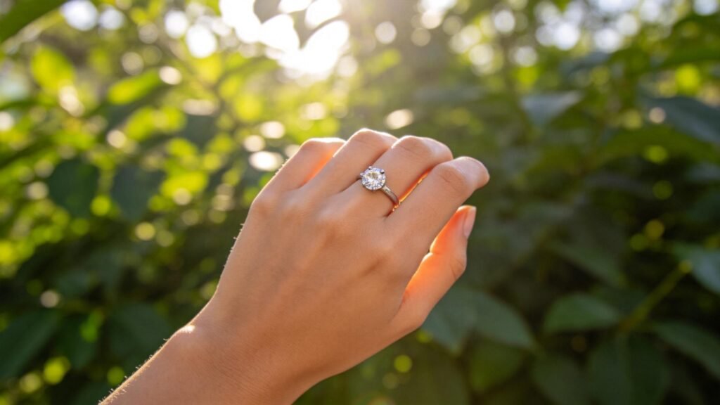 Woman's hand with diamond engagement ring in natural light