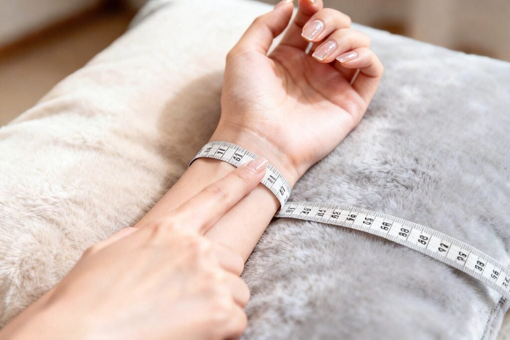 Close-up demonstration: measuring wrist with a soft tape and inserting a finger for comfort allowance.