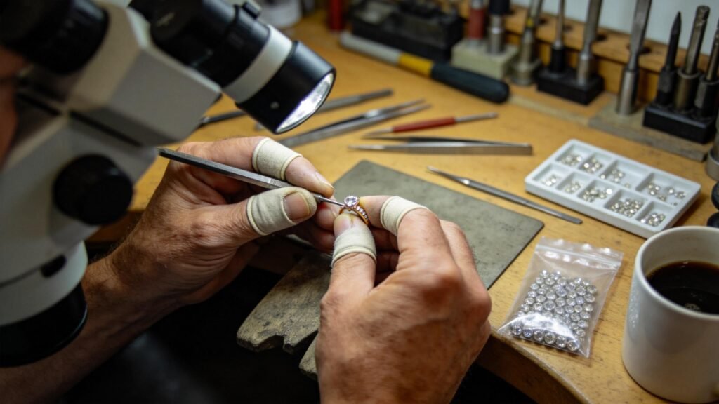 Jeweler hand-setting tiny diamonds under microscope at workbench