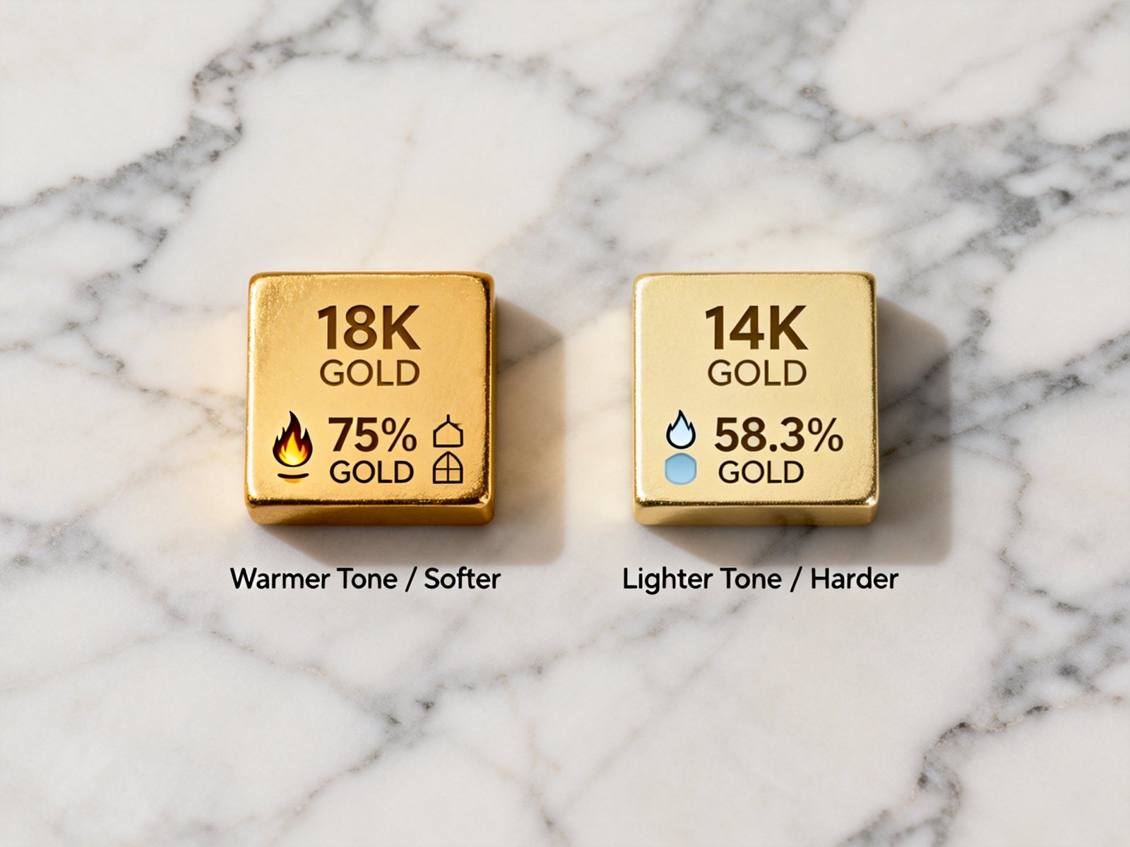 Infographic comparing the color and properties of 18K gold versus 14K gold.