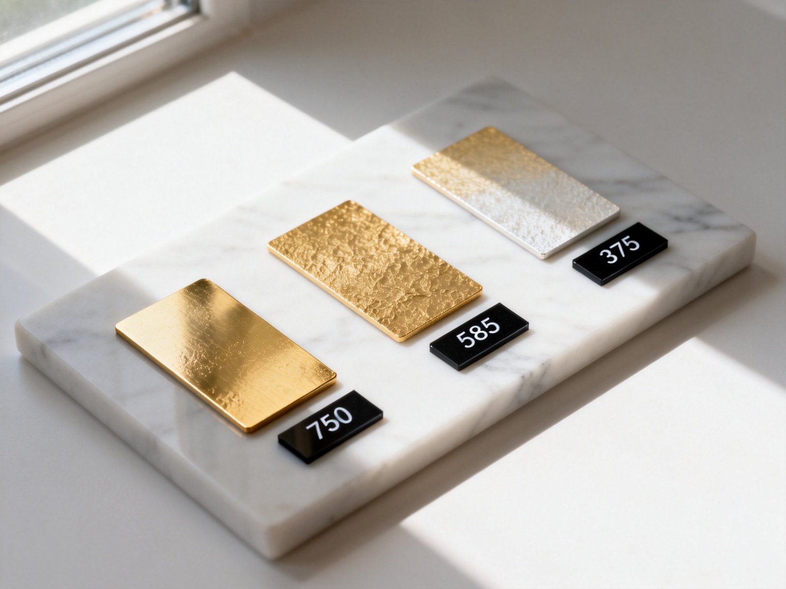A minimalist flat lay comparing the color of 18K, 14K, and 9K yellow gold samples next to their purity percentage markers.