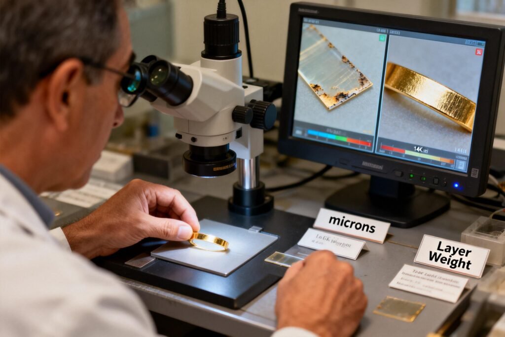 Magnified view comparing the negligible thickness of gold plating versus the substantial, durable layer of 14K gold fill.